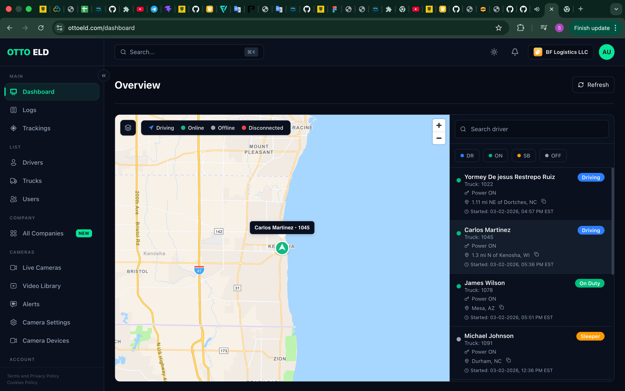 OTTO ELD Dashboard — live GPS tracking with driver status, fleet map, and real-time driver monitoring